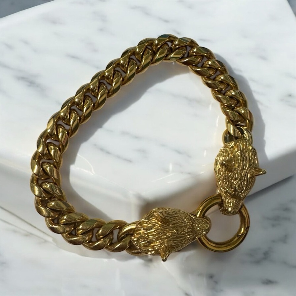 Gold Tone Chunky Lion Head Chain Bracelet